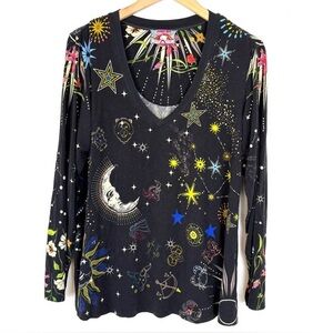 Johnny Was Celestin Favorite Long Swing Tee Shirt Black Floral Top S